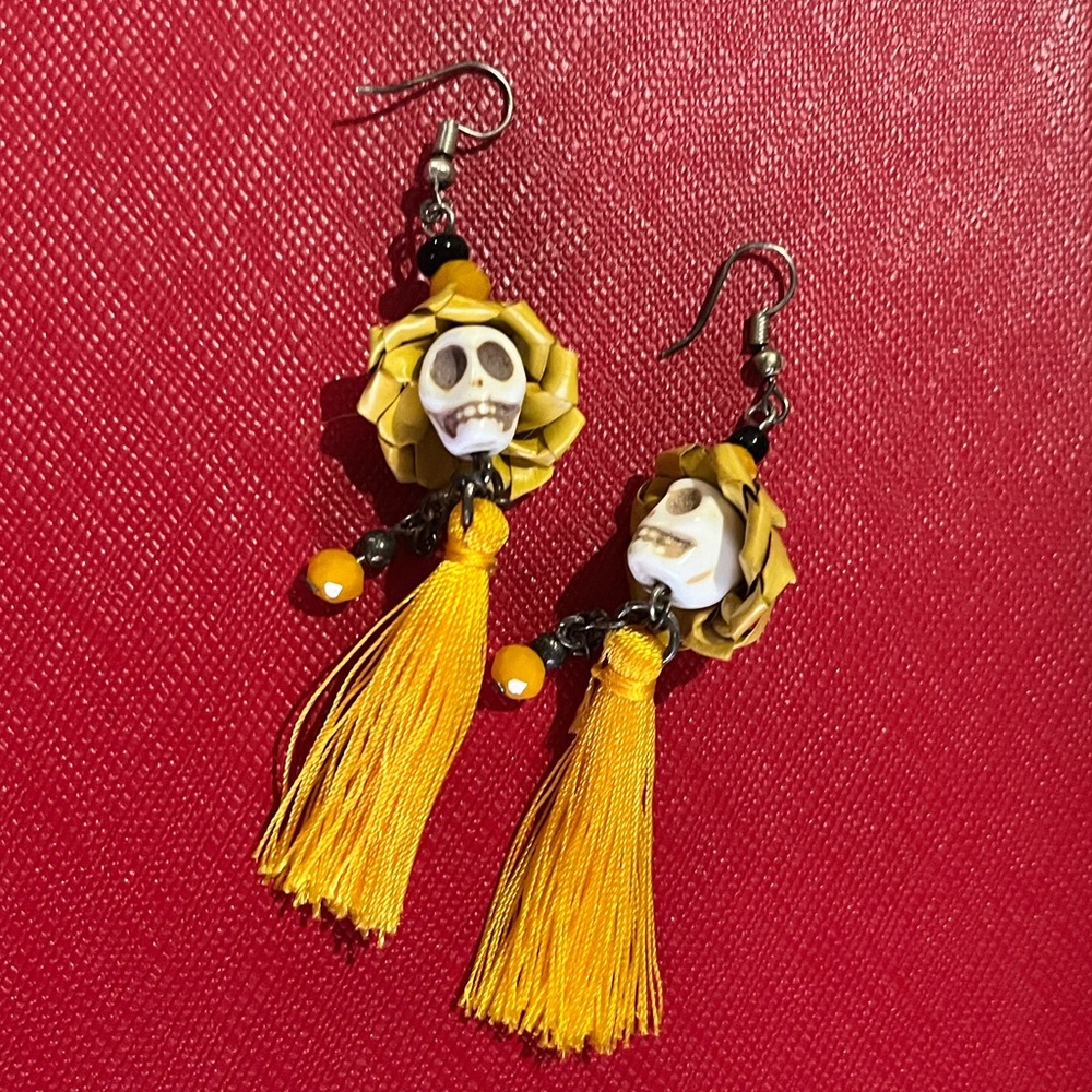 Handmade Yellow Skull Tassel Earrings